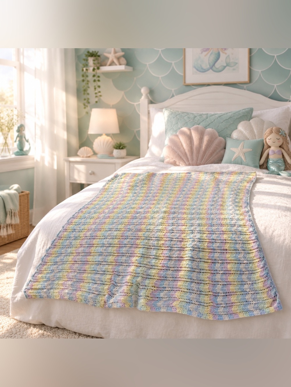 Pastel Multicolor “Mermaid “ Crochet Throw Blanket